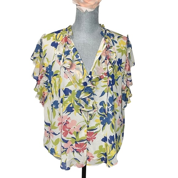 Laurel Ralph Lauren Floral Ruffle-Trim Georgette Blouse size XL Black Label - Picture 1 of 11